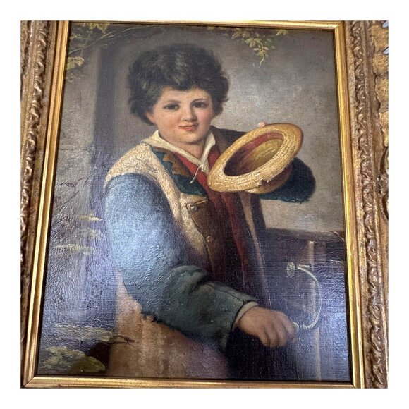 Antique Augusto Bampiani Oil Painting Boy In Hat Ornate Gold Frame Vintage Art - Picture 2 of 8